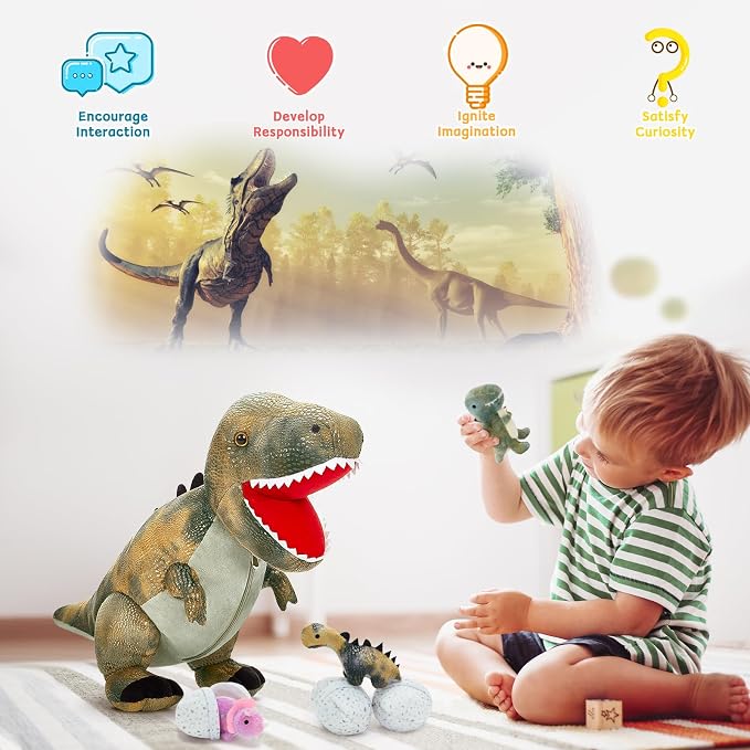 MorisMos Dinosaur Stuffed Animals Set,23.6'' Big Stuffed Dinosaur Mommy + 3 Baby Dino Toys+3 Plush Dino Eggs, Boy Girl T-Rex Toys for Kid Birthday Gift,Realistic T-rex, CPC Certified,Machine Washable
