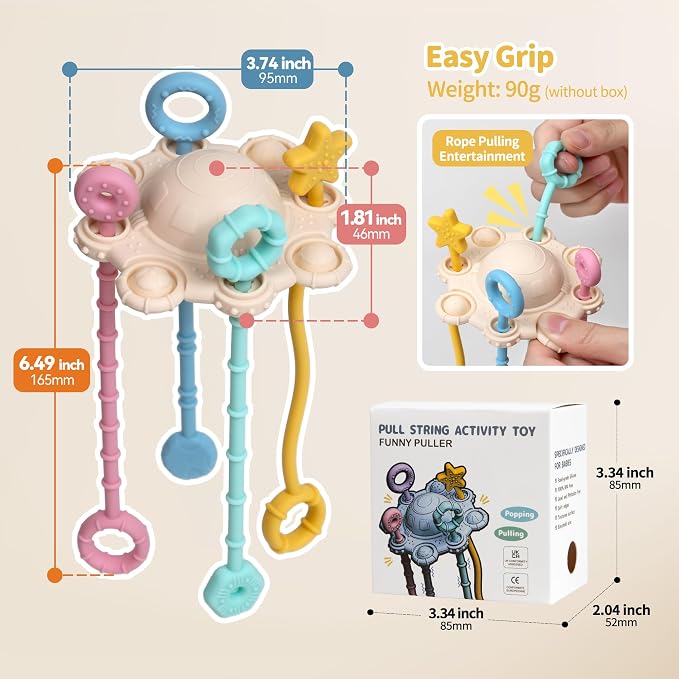 Montessori Pull String Toy Silicone Travel Toy | Food Grade Silicone Early Development Toy, Fine Motor Skills Sensory Toys, Montesorri Gifts (Cream Color)