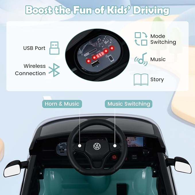 Costzon Ride on Car, 12V Licensed Volkswagen Kids Car Bus with Storage Compartment, Music, Story, Spring Suspension, LED Headlights, Electric Vehicles for Boys Girls Aged 3-7 (Aqua Blue)