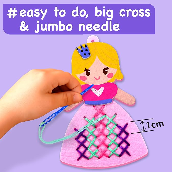 EZCRA Beginner Needlepoint Cross Stitch Kit for Kids Ages 5-8 - Princess Easy Embroidery Starter Set with Jumbo Plastic Needles, Pre-Printed Patterns, Instructions - DIY Arts & Crafts for Girls & Boys