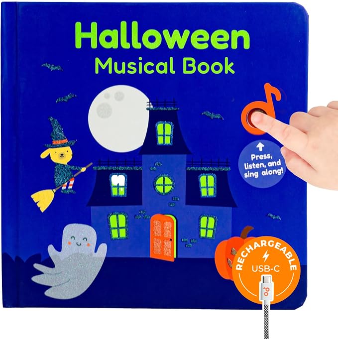 Cali's Books Halloween Musical Book | Glow-in-The-Dark Cover | New USB-C Rechargeable | Halloween Baby Toy & Books for Kids 1-3 | Toys for Toddlers