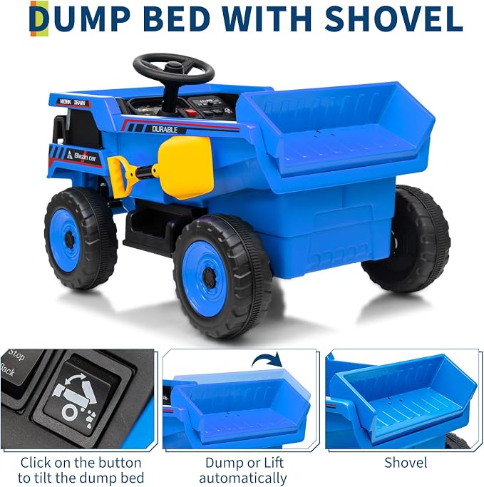 Garvee 12V Ride On Dump Truck for Kids, Ride On Car with Remote Control, Construction Vehicles with Dump Bed & Shovel, Ride-On Toys 16.5 in Spacious Seat, Music, Headlights, Soft Start, Blue
