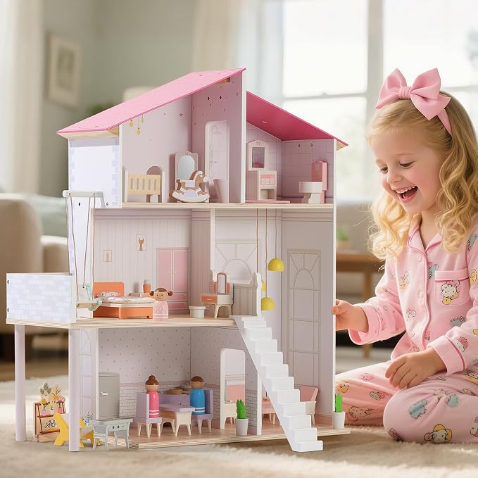 SainSmart Jr. Wooden Dollhouse for Girls, Modern Family Doll House with 37Pcs Furniture & Accessories, 3-Story Pretend Playhouse Toy Gift for Kids Ages 3+
