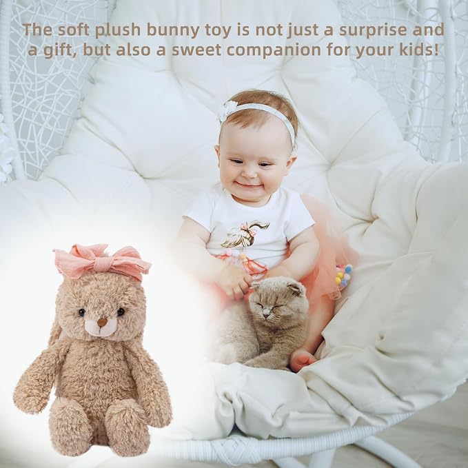 Bunny Stuffed Animal Soft Rabbit Cuddly Toy 8'' Long - Eared Brown Plush Bunny with Pink Bow Plush Toys for Babies and Toddlers