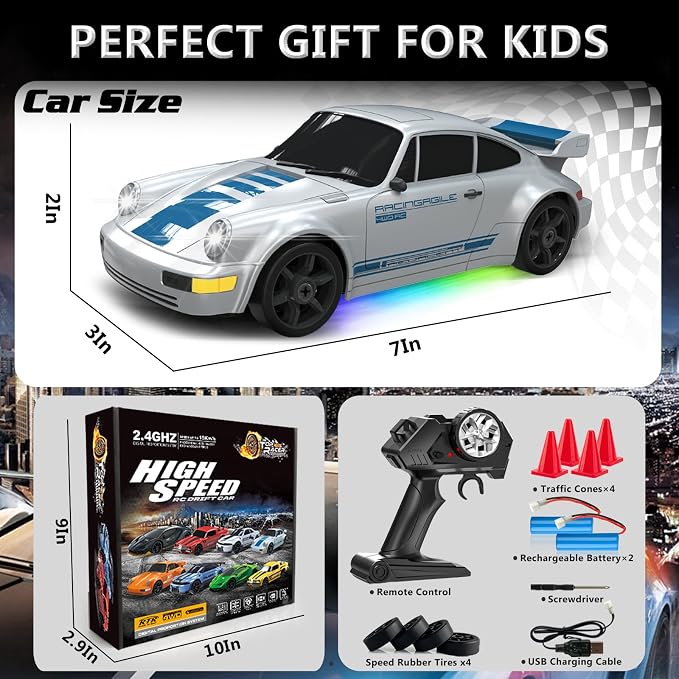 Remote Control Car RC Drift Car 2.4GHz 1:24 4WD 15KM/H High Speed Racing Sport Car with LED Lights Drifting Tire Racing Sport Toy for Adults Boys Girls Kids Gift 2Pcs Rechargeable Batteries