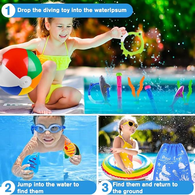 YUJUN 31 PCS Pool Diving Toys Big Rings Swim Thru Rings Pool Game Toys Summer Underwater Game with Pool Fishes Dive Sticks Gems Storage Bag Swim Birthday Party Favors for Kids Teens Adults