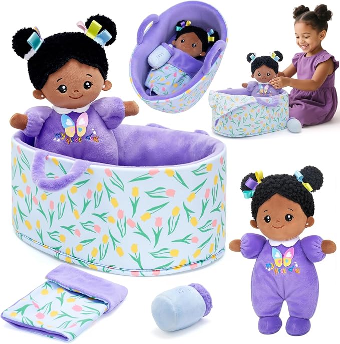 OUOZZZ 10" Baby Doll Accessories, African American Doll Pretend Playset for Social Emotional Learning, Perfect Birthday Toy & Gift for 2 Year Old Girls