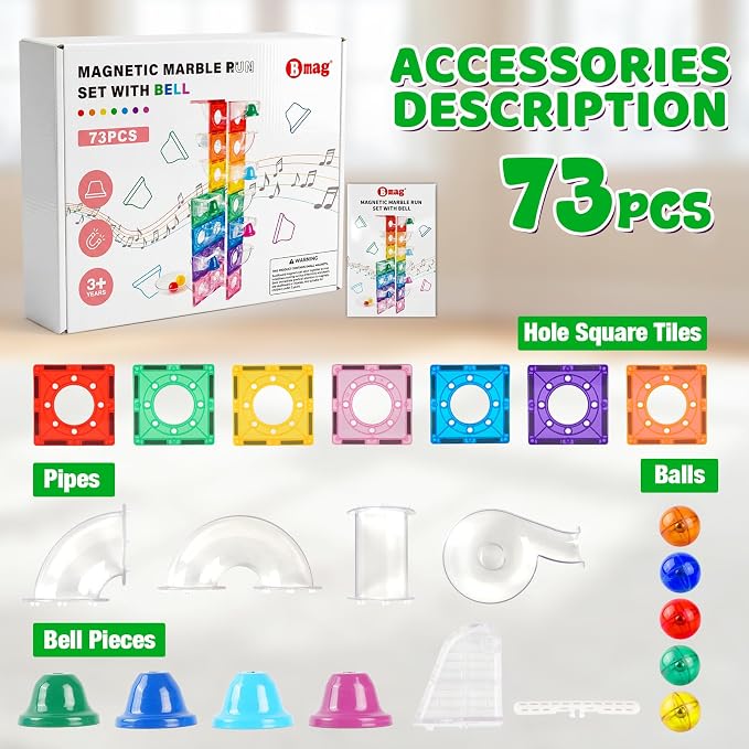 Bmag Magnetic Marble Run Set with Happy Birthday Bell, 73 Pcs STEM Educational Magnetic Marble Maze Toy for Kids 3+, Creative Building Track Game, Birthday Gift for Boys & Girls