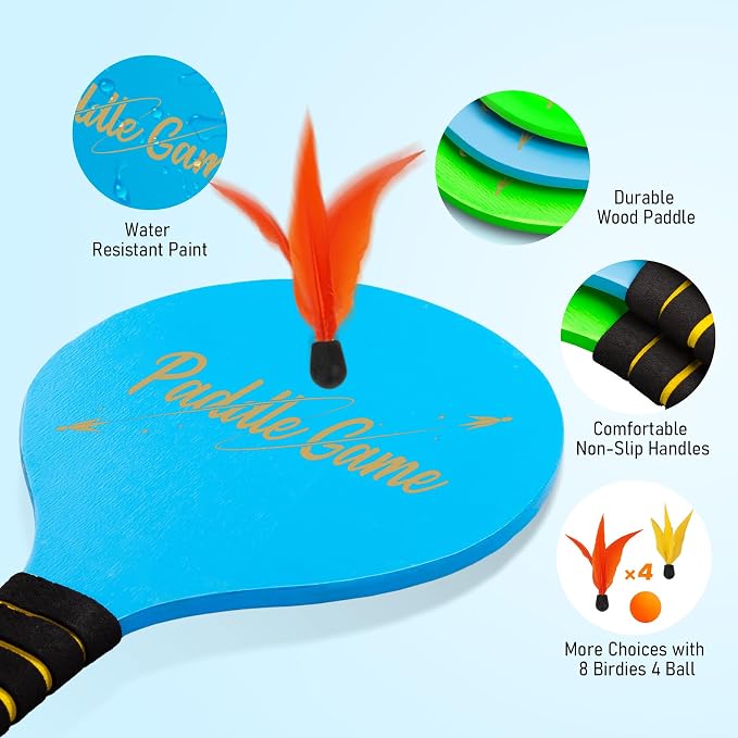 TEILLNET Paddle Ball Set, Outdoor Games for Adults and Family, Badminton Sets for Backyards Yard Game with 4 Rackets 4 Balls 8 Birdies, Beach Toys Pool Lawn Outside Park Camping Family Games Gifts
