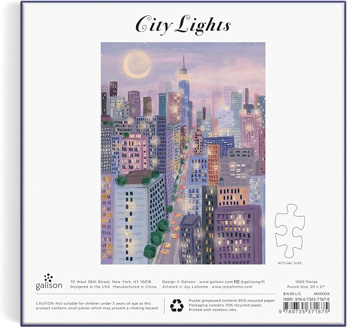 Galison City Lights 1000 Piece Puzzle in a Square Box from Galison - 1000 Piece Puzzle for Adults, Beautiful Illustrations from Joy Laforme, Thick and Sturdy Pieces, Idea