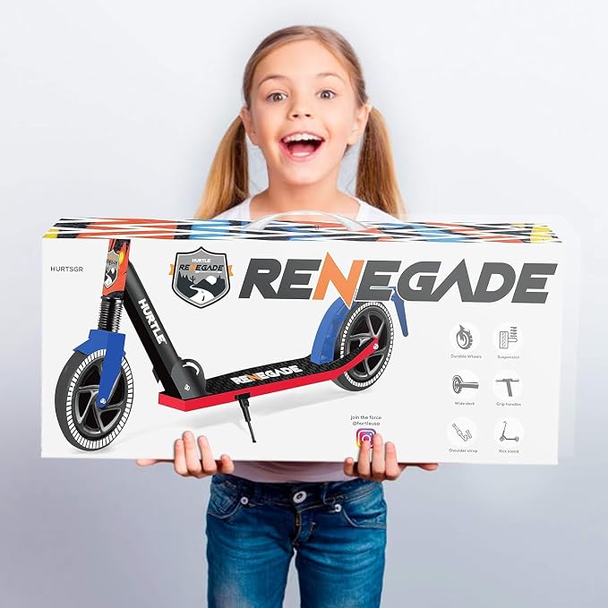 Hurtle Renegade Kick Scooter for Kids, Teenagers & Adults - 2-Wheel Folding Scooter with Adjustable T-Bar Handlebar - Alloy Anti-Slip Deck