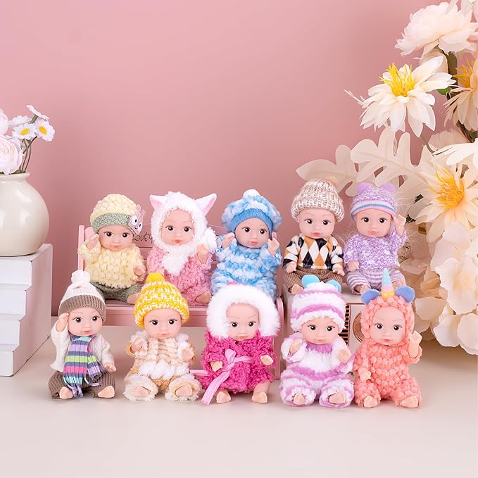 Vueos 10pcs Set 4 Inch Reborn Baby Dolls - Open Eyes Realistic Baby Doll Toys for Kids, Mini Dolls Collection for 3+ Year Old Girls Boys