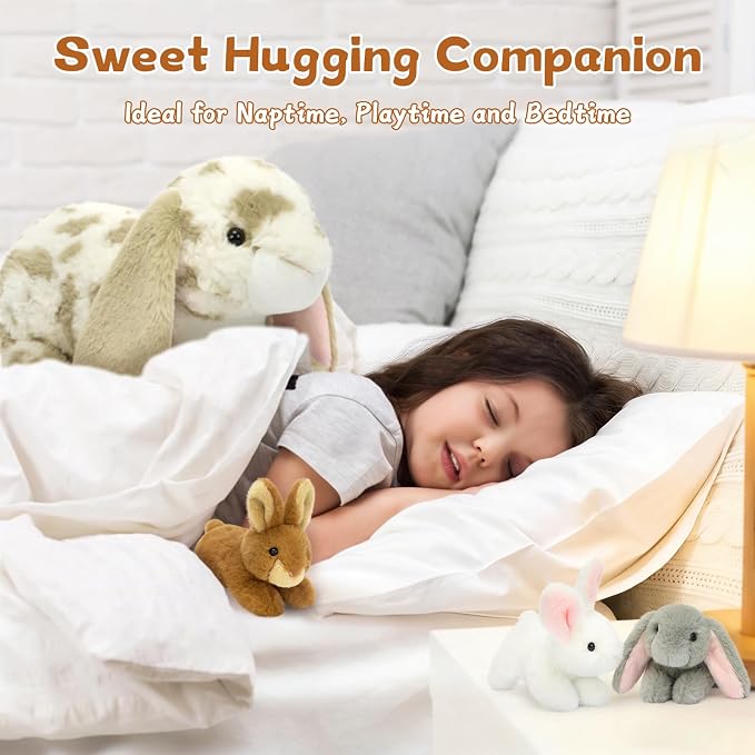 MaoGoLan 4pcs Gray Spotted Lop Eared Rabbit Bunny Stuffed Animal Plush, 17.5" Large Mommy Stuffd Rabbit Plush with 3 Bunny Babies, Cute Soft Stuffed Animal Toy Gift for Girls Boys Kids