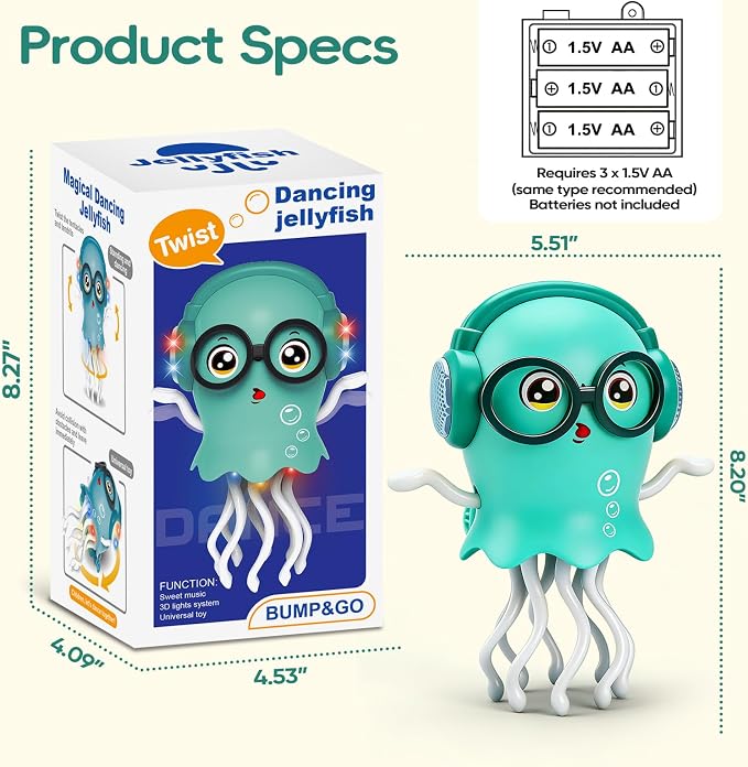 GONINO DJ Dancing Jellyfish Baby Toys, Musical Crawling Tummy Time Toys with LED Light & Smart Obstacle Avoidance, 360° Spin Sensory Toys for Toddlers, Kids Toys Birthday Gifts for Boys Girls, Green