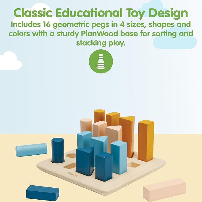 PlanToys® Wooden Geometric Peg Board | Montessori Inspired Shape Sorting & Stacking Toy for Size Sequencing & Logical Thinking | Eco Friendly Learning Toy for Colours, Patterns & Early Geometry