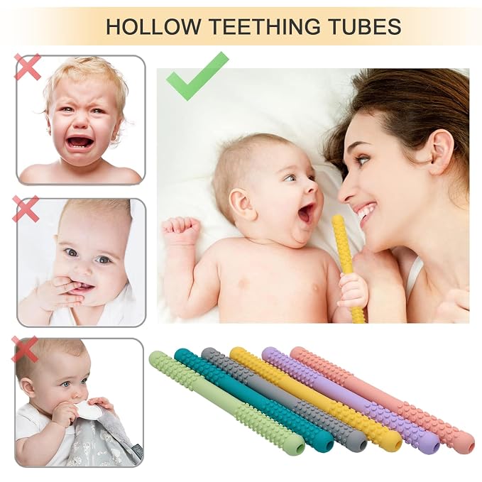 Hollow Teething Tubes Toys for Babies Girls Boys, 6 Pack Silicone Baby Teether Toy Tube for Infants with Nursing Biting Chewing, Chew Straws for Toddlers 6-12 Months (Style B)