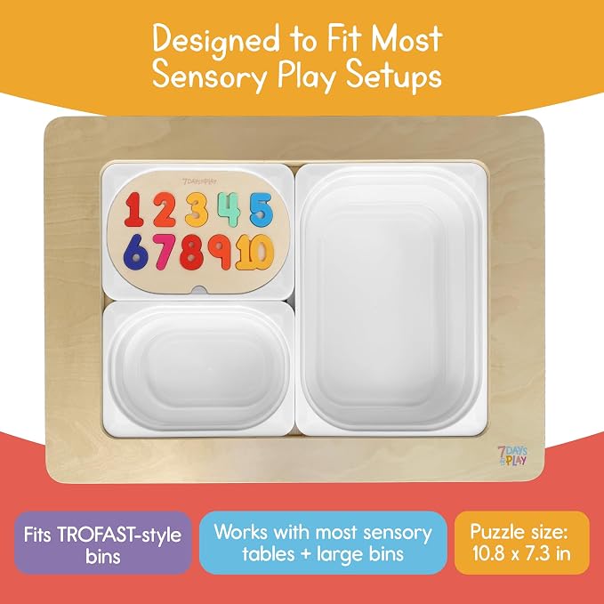 7 Days of Play Number Puzzle for Kids, Sensory Bin Insert for Sensory Tables, Silicone Numbers, Wooden Fine Motor Learning Toy