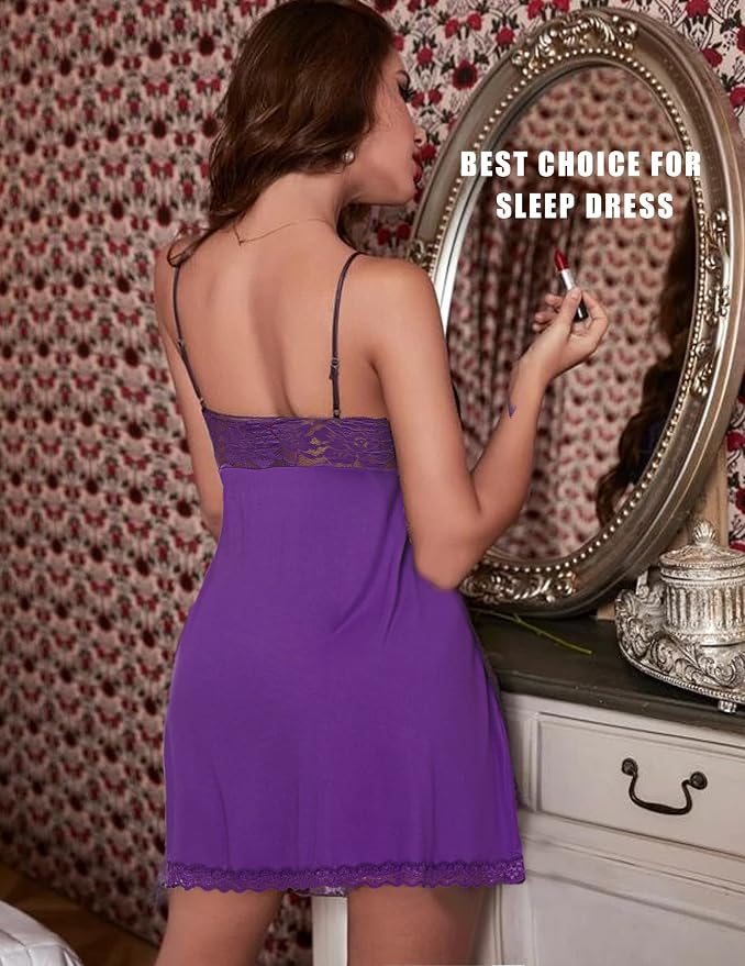Avidlove Women Nightgown Sexy Sleepwear Lace Chemise V-neck Modal Babydoll Lounge Dress
