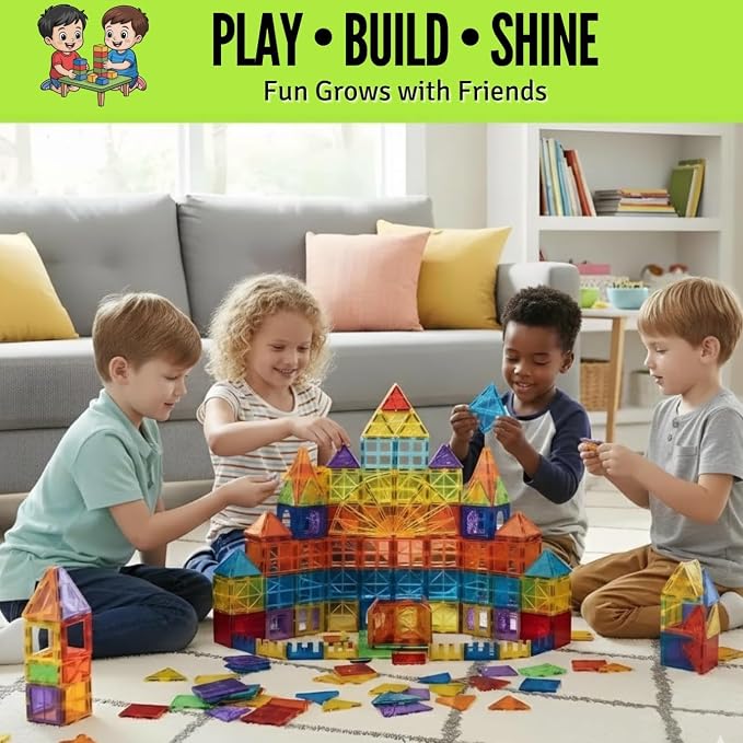 Magnetic Tiles 150 PCS with 2 Cars Bases, STEM Magnet Building Tiles for Kids Ages 3-12, Educational Building Magnets Toys, Creative Construction, Preschool Learning & Play for Childs