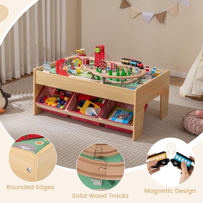 HONEY JOY Train Table, Wooden Kids Activity Table with 3 Storage Bins, 94 Multicolor Pieces, Tracks, Trains, Cars, Toddler Train Table Set with Reversible Tabletop, Gift for Boys Girls Age 3+