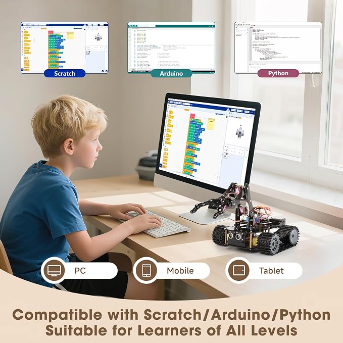 4 in 1 Robotics for Kids Ages 12-16, Smart Robot Arm with 5DOF + Tank Car, STEM Toys Compatible with Arduino & Scratch & Python, App & Remote Control, Gift for Kids & Teens & Adult