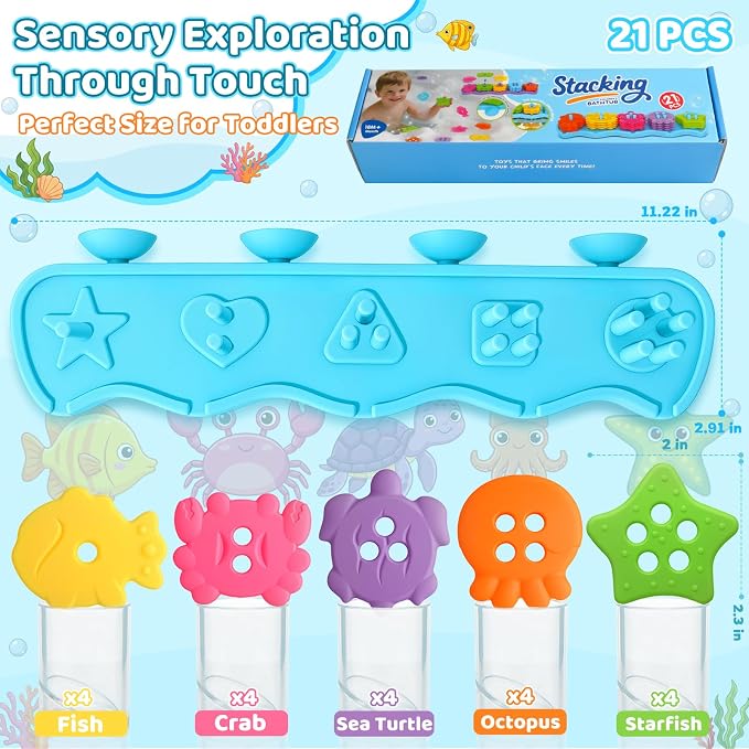 Bath Toys for Kids Ages 1-3 Mold Free Bath Toys Toddlers 2-4 Silicone 21 PCS Ocean Shape Sorters for Toddlers 1-3 Stacking Bathtub Suction Water Play Toys for Toddlers 3-5 Girl Boy Early Learning