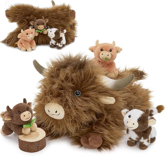 MorisMos Highland Cow Stuffed Animal with Baby Inside Belly,20'' Mommy Brown Highland Cow Gift for Kid Girl Boy Hyland Cow Pillow, Cute Farm/Wildlife Stuffed Animals for Birthday Party Decor