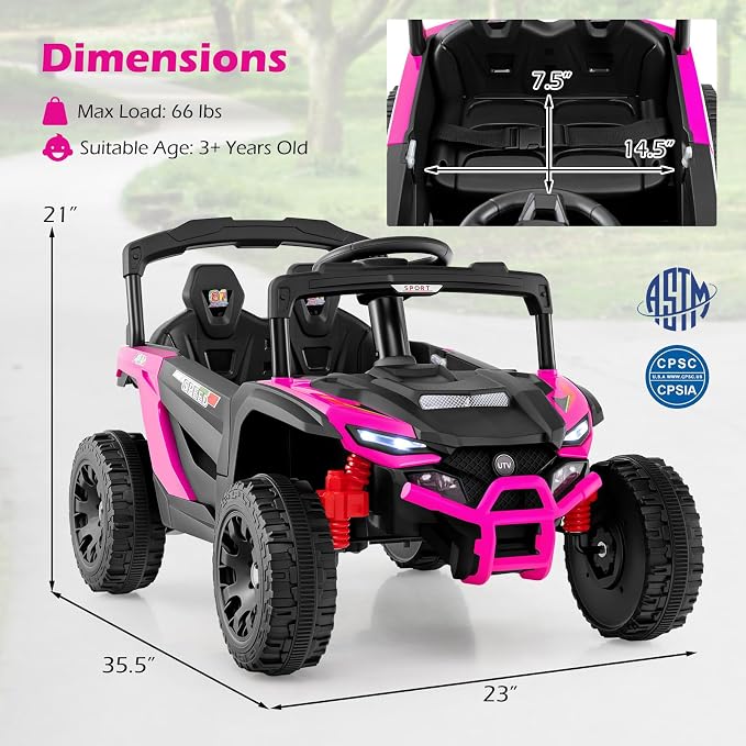 Costzon 12V Kids UTV Ride On Car, Battery Powered Electric Vehicle with Remote Control, 3 Speeds, LED Lights, Music, Horn & Spring Suspension, Off-Road UTV for Boys & Girls 3+ Years Old (Pink)