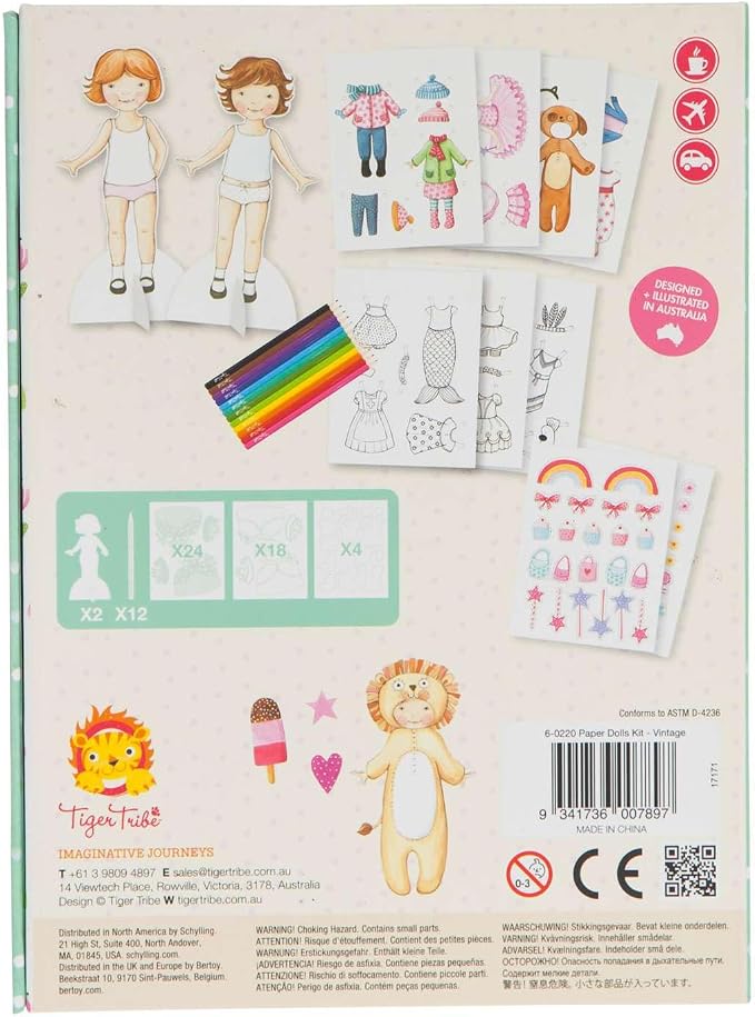 Tiger Tribe: Paper Dolls Kit - Vintage - Design & Dress 2 Paper Dolls, Includes Clothes You Color in, Colored Clothes, Stickers & Colored Pencils
