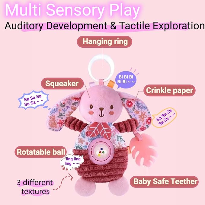 Baby Crib Toys Hanging Stroller Car Seat Toy for Infant 0-2-3-4-5-6-7-8-9 Month Old, Newborn Infant Girl Gifts Carseat Sensory Rattle Crinkle Teething Teether for Babies 6-12 Month Essentials