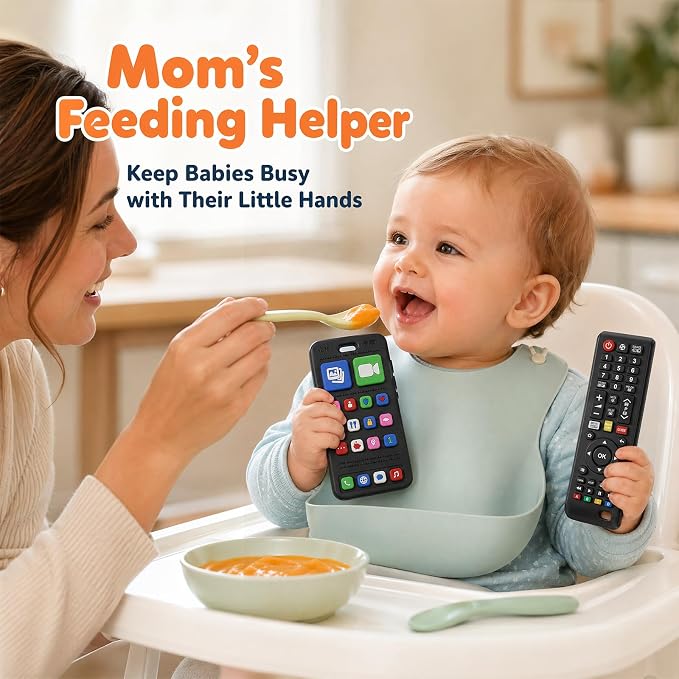 Phone Remote Teethers for Baby, Teething Toys for Baby 3 6 12 18 Months, TV Remote Control Phone Baby Teether Toys, Babies Chew Toys, Food Grade Silicone Teething Toys for Infants, BPA Free