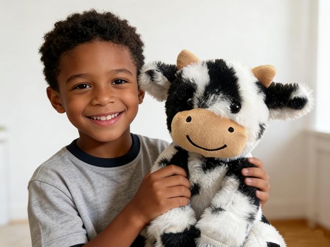 Cute Cow Plush Stuffed Animal Doll Toy 8 inch for Girls Boys One Peices （Each one has a Different Pattern） (sit Cow bd Black)