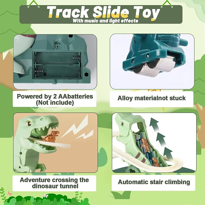 Dinosaur Chasing Race Track Game Set Slide Climb Stairs Toy Roller Coaster Toy with Music Educational Puzzle Playsets Gift for Toddler Kids Boys Girls Age 3 4 5 6 7 8