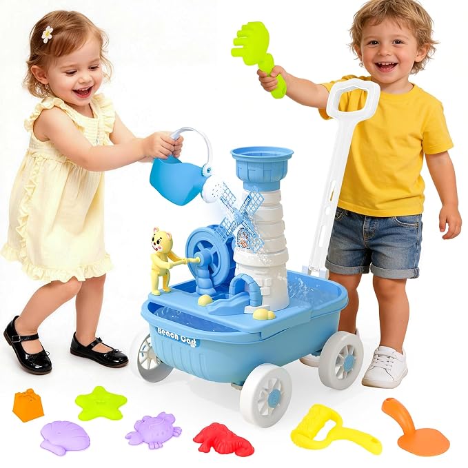 deAO Beach Toys for Kids 21 Pcs Sand Toys Set Includes Wagon Water Wheel Beach Tool Kit Watering Can Molds Summer Gifts for Toddlers Ages 3-8