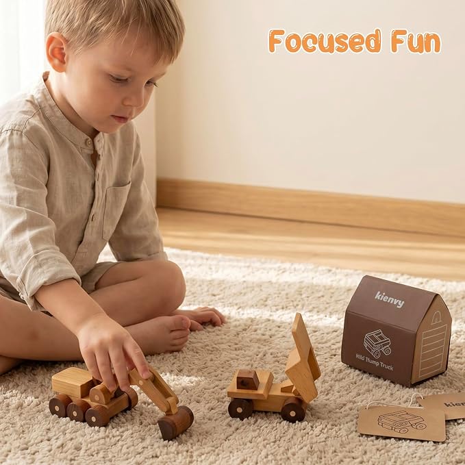 Wooden Toy Cars for 3 Year Old Boys & Girls - Construction Vehicles Set Push Toys for Toddlers, Wood Montessori Car with Rolling Wheels, Natural Wood Toys (Excavator & Dump Truck)