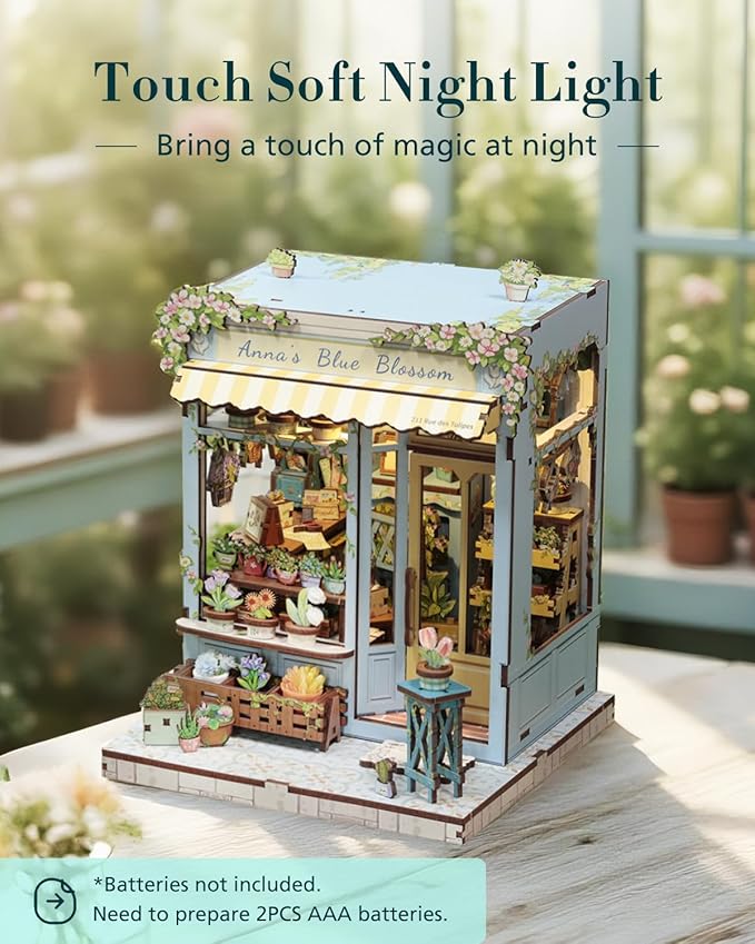 Cutefun Book Nook Kit - DIY Miniature Flower Shop Dollhouse Kit for Adults and Teens, 3D Wooden Puzzle Bookshelf Insert Decor with LED Light, Gifts for Book Lovers and Beginners (Anna's Blue Blossom)