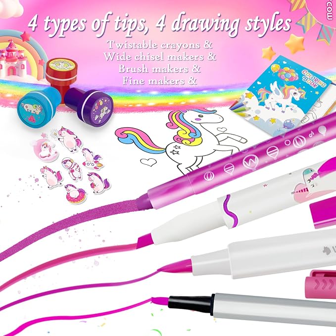weirtoya 56 PCS Washable Scented Markers with Glitter Pencil Case, Mermaid Unicorn Arts and Crafts for kids 4-6-8 Kids Coloring Drawing Kits for 4-8 Years Old Girls (Pink, 56)