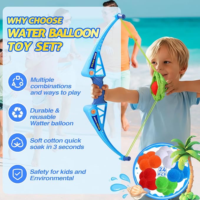 SUPER JOY Reusable Water Balls Water Toys for Kids, 2 PCS Water Balloons Slingshot Launcher 2 PCS Bow Launcher With 24 Colorful Water Balls for Outdoor Toys, Summer Water Bomb Toy for Boys Girls