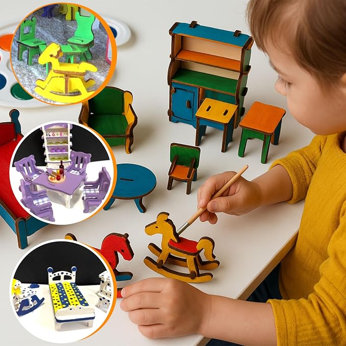 LOVEINUSA 34 PCS DIY Wooden Dollhouse Furniture Set, 1:20 Scale Miniature Room Accessories for Kitchen Living Room Bathroom for DIY Crafts Project