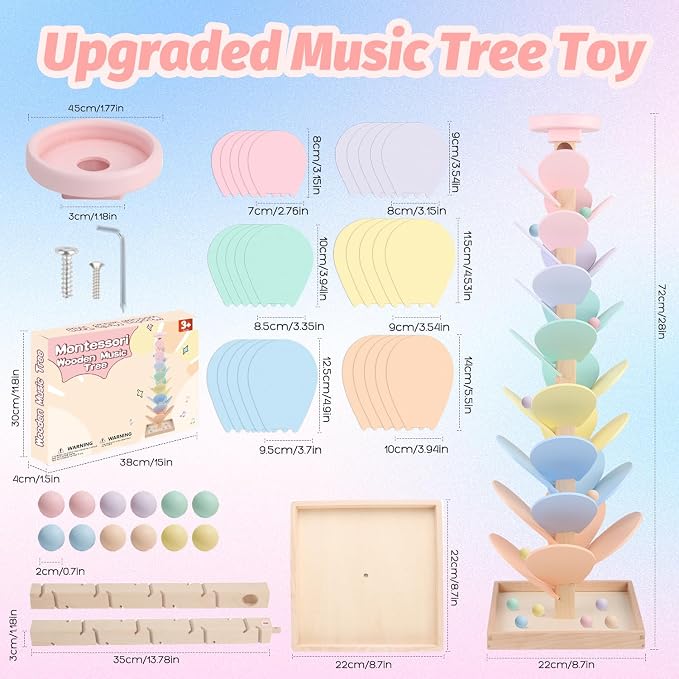 Wooden Marble Run Ball Drop Montessori Toys for Toddlers 4-8 Boys Girls Kids Wood Music Tree Marble Ball Run Game 3-5 8-12 Years Old Learning Color Sorting Sensory Toys Birthday Gift (Height: 28")