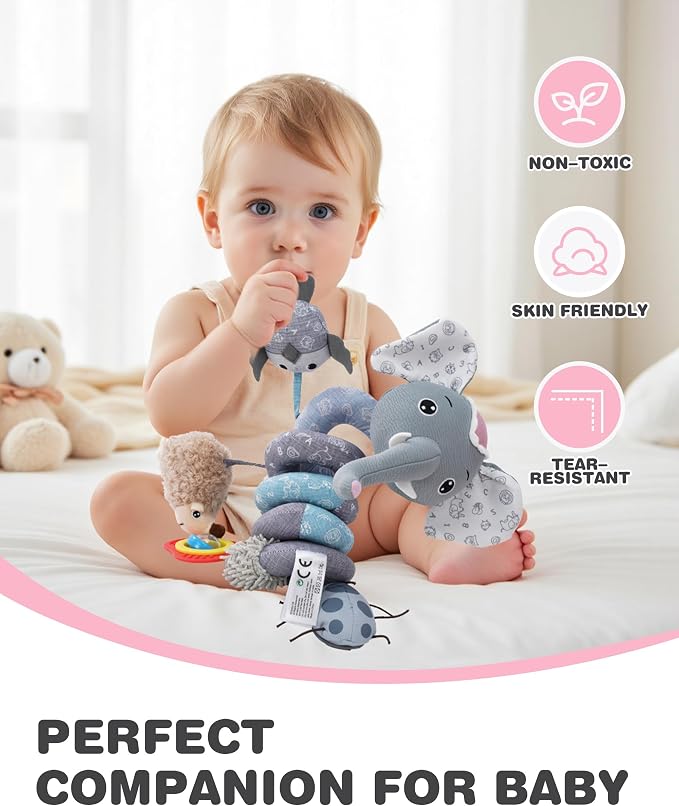 Jollybaby Crib Stroller Car Seat Toys for Baby 0-3-6-9-12 Months, Tummy Time Hanging Sensory Toys for Newborn with Music Box and Teether, Spiral Carseat Toy for Boys Girls Gifts (11-Sz Pink Elephant)