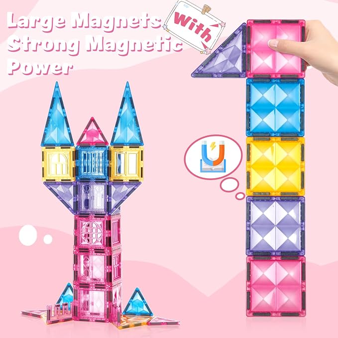 BENOKER Pink Castle Magnetic Tiles for Kids Ages 3-8, 3D STEM Toys with Sparkling Building Blocks, Creative Educational Gift for Boys and Girls, Preschool Learning Toys for Birthday