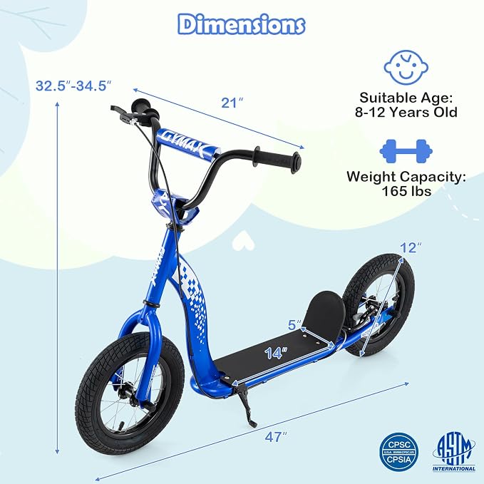 GYMAX Scooter, Kick Scooter for Adults, Teens, Kids with Adjustable Handlebar, 12” Inflatable Wheels, Front Caliper Brake & Non-Slip Deck, Heavy Duty Off-Road Scooter