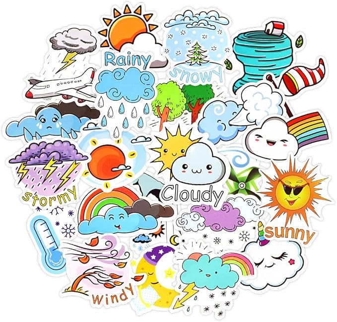 QTL Weather Stickers for Kids Students, Weather Party Supplies, Waterproof Vinyl Stickers for Water Bottles and Laptop, 50PCS
