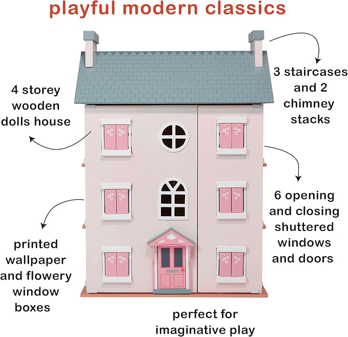 Mentari Toys - Heather Hall - Large 4-Storey Wooden Dollhouse - DIY Doll House with Easy Assembly, Holiday Birthday Gift for Kids Girls Age 3+, Inspires Imaginative Role Play