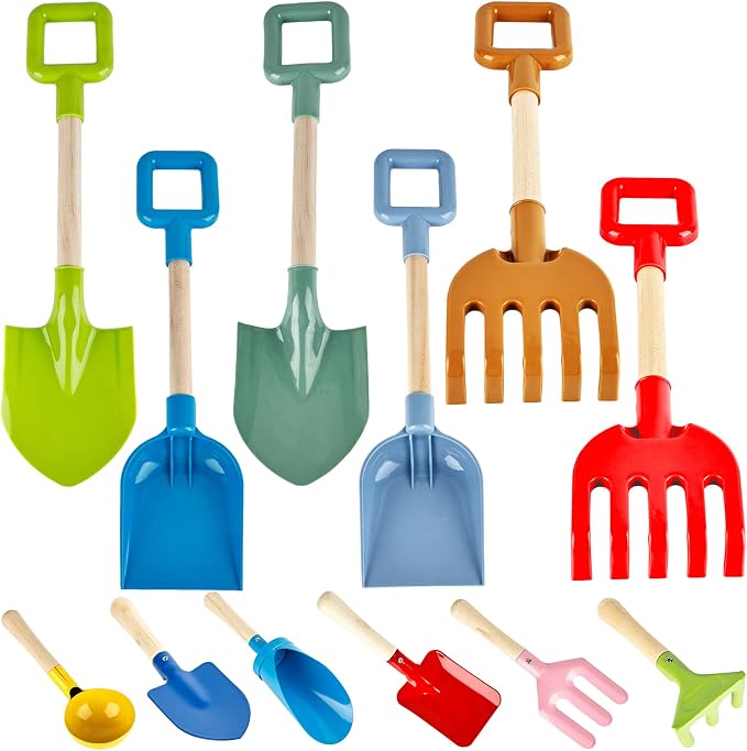 12 Pieces Kids Beach Sand Tools Long Beach Shovel Spade Sand with Sturdy Wooden Handle Safe Garden Tools Including Spoon, Fork, Rake, Flat, Pointed Shovel Cylinder Spoon Gifts for Kids