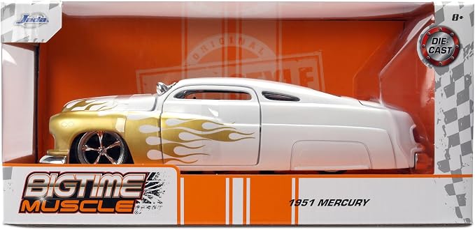 Jada Toys Bigtime Muscle 1:24 1951 Mercury Die-cast Car – Opening Doors, Hood, Trunk, Rubber Tires(White/Gold Flames)