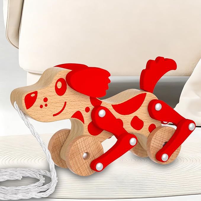 Montessori Toys 1 2 3 4 Years Old Boys Girls Wooden Walking Pull Dog Toy for Baby Toddler, Pull Along Walking Toys, Walk Along Puppy Pull, Wooden Pull & Push Toy (Red)