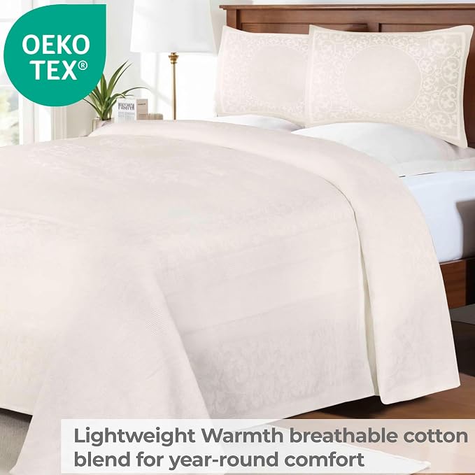 Superior Cotton Blend Bedspread Set, Includes 1 Tailored Bedspread and 2 Matching Pillow Shams, Lightweight Blanket, Bedding Decor, Jacquard Vintage Floral Mandala, Lyron Collection, King, Off-White
