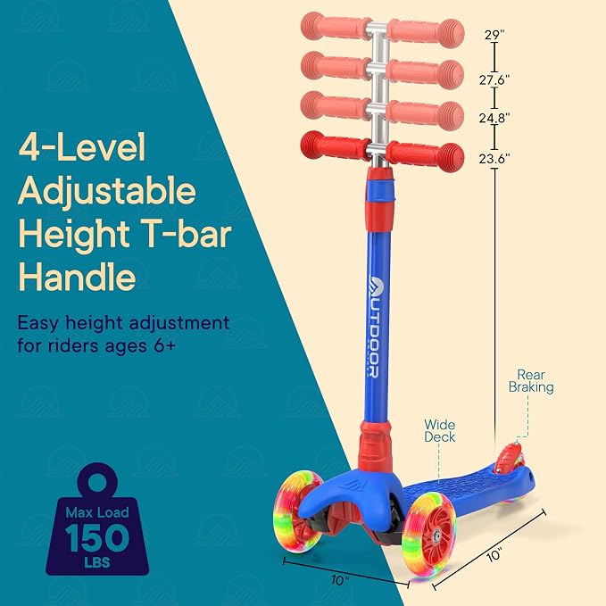 Outdoor Cruiser 3-Wheel Kids Scooter – with Lean-to-Steer Technology, Led Lighted Wheel, 4-Level Adjustable Height T-bar Handle, Support Kids Up to 150 Lbs, for Boys & Girls Ages 3-8, Blue and Red